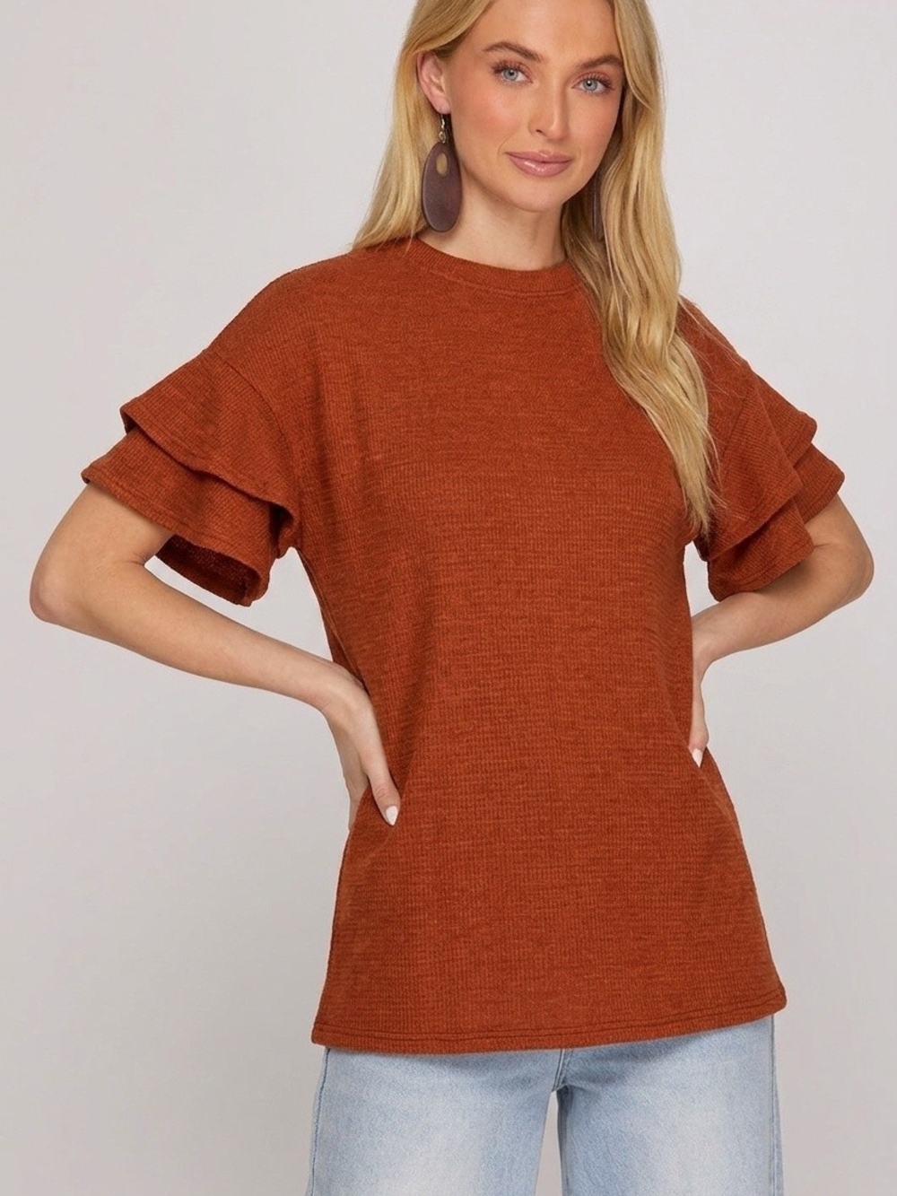 She + Sky Ruffle Short Sleeve Top - Rust - Picture 1 of 4
